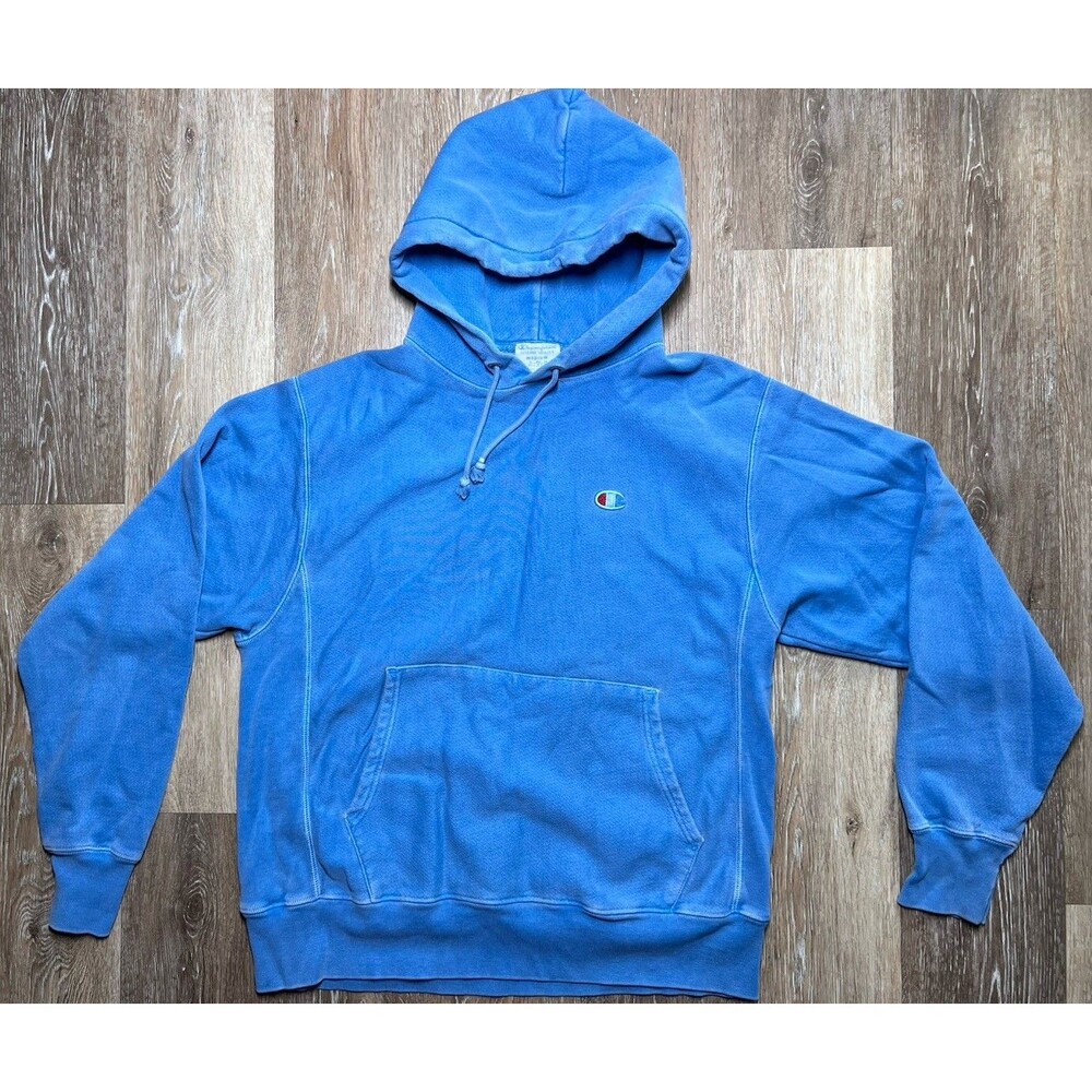 Champion Reverse Weave Hooded Sweatshirt Light Blue Pullover Hoodie Size M